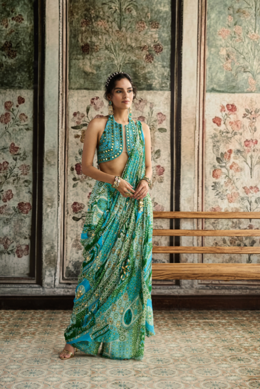 AQUA EMBROIDERED BLOUSE AND AQUA PRINT AND  HIGHLIGHTED DRAPE BOX PLEAT PANT SAREE