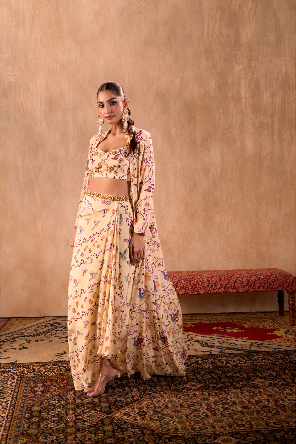 IVORY PRINT EMBROIDERED CHOLI, DRAPED SKIRT AND JACKET SET