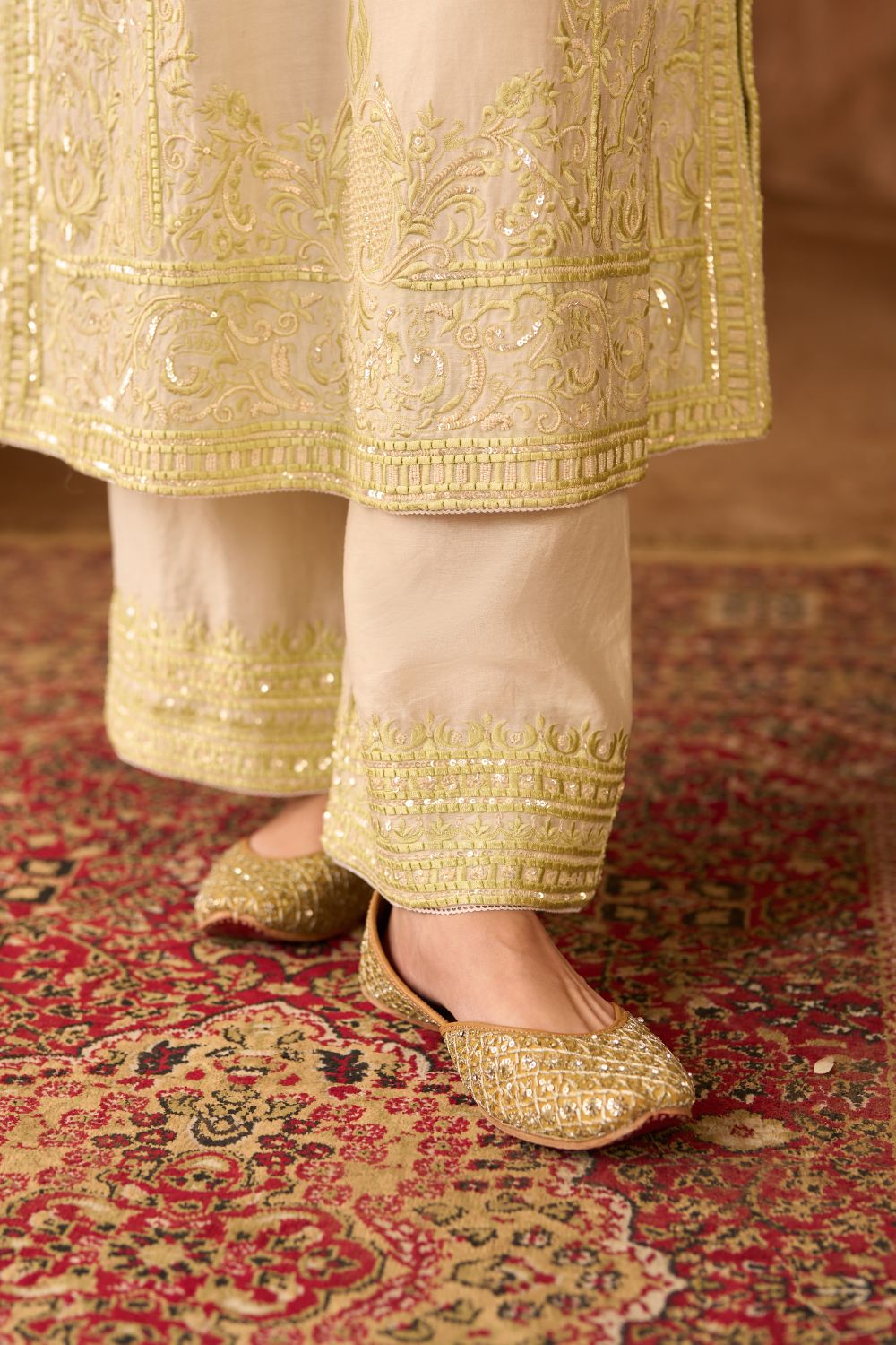 ENA - DAISY IVORY WITH MINT GREEN LONG A-LINE KURTA WITH PALAZZO AND DUPATTA
