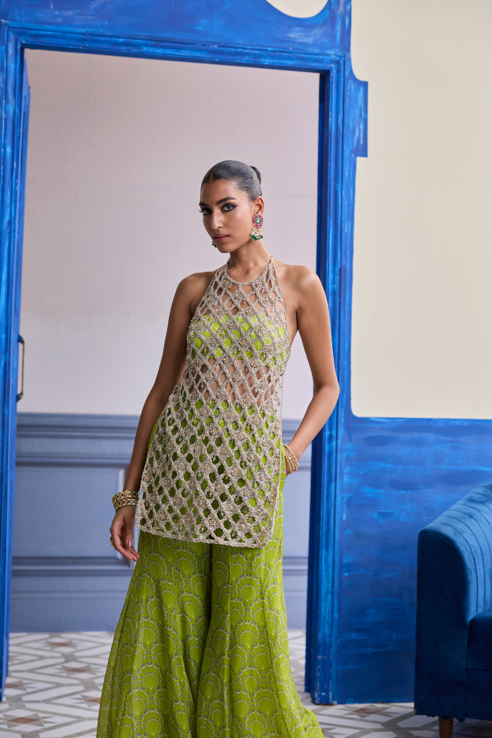 Neon Green Printed Bustier with Bell-Bottoms & Embroidered Cutwork Kurti Set