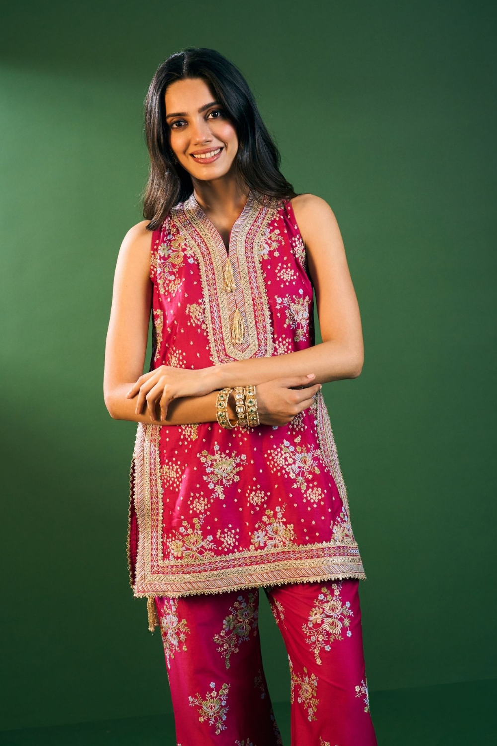 Lami Pima Satin Fuchsia Kurta With Flared Bell-Bottom Pants