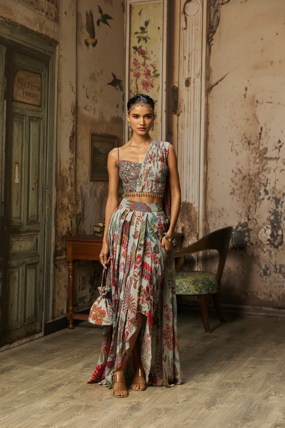 SLATE GREY PRINTED DRAPE ASYMMETRIC CROP TOP AND SKIRT SET