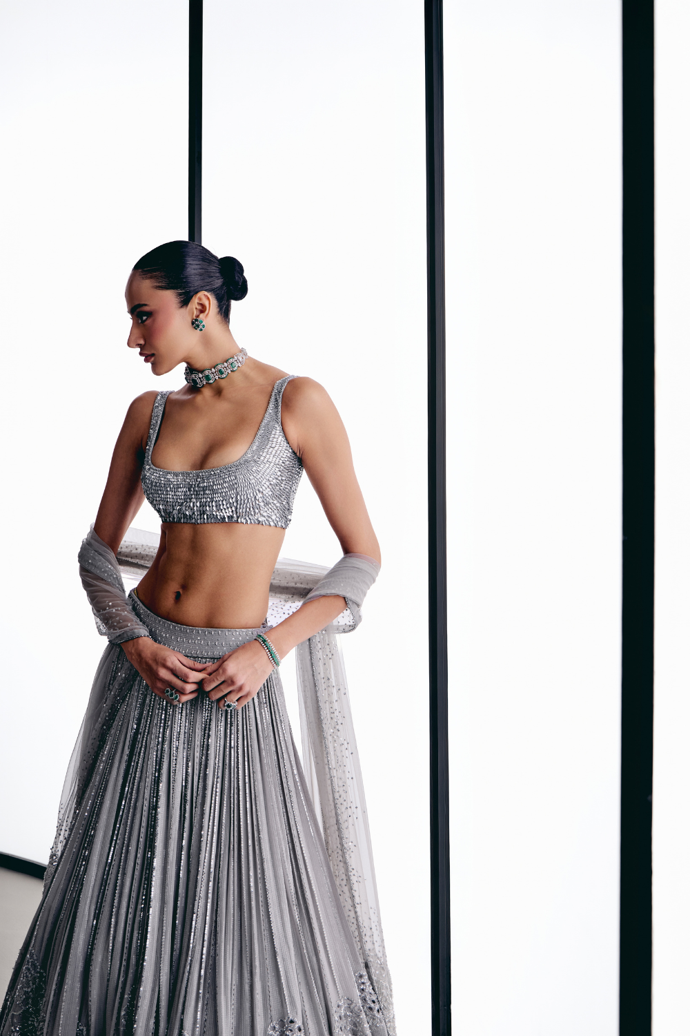 Grey floral cutwork lehnga set