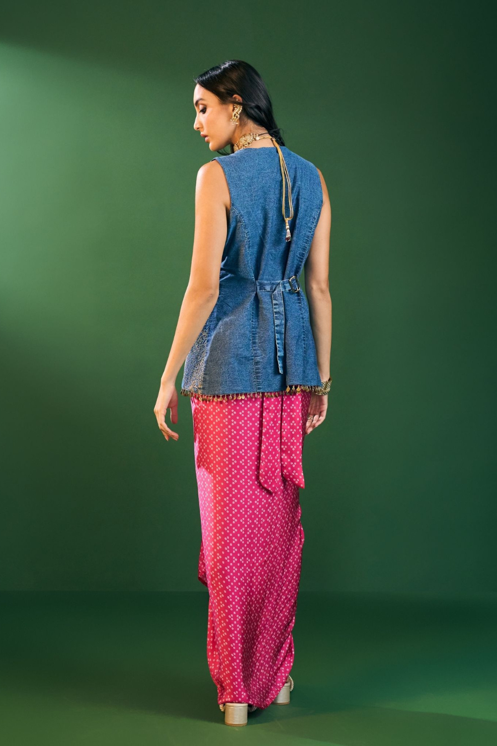 Lunira Denim Waistcoat With Cupro Satin Printed Fuschia Draped Skirt