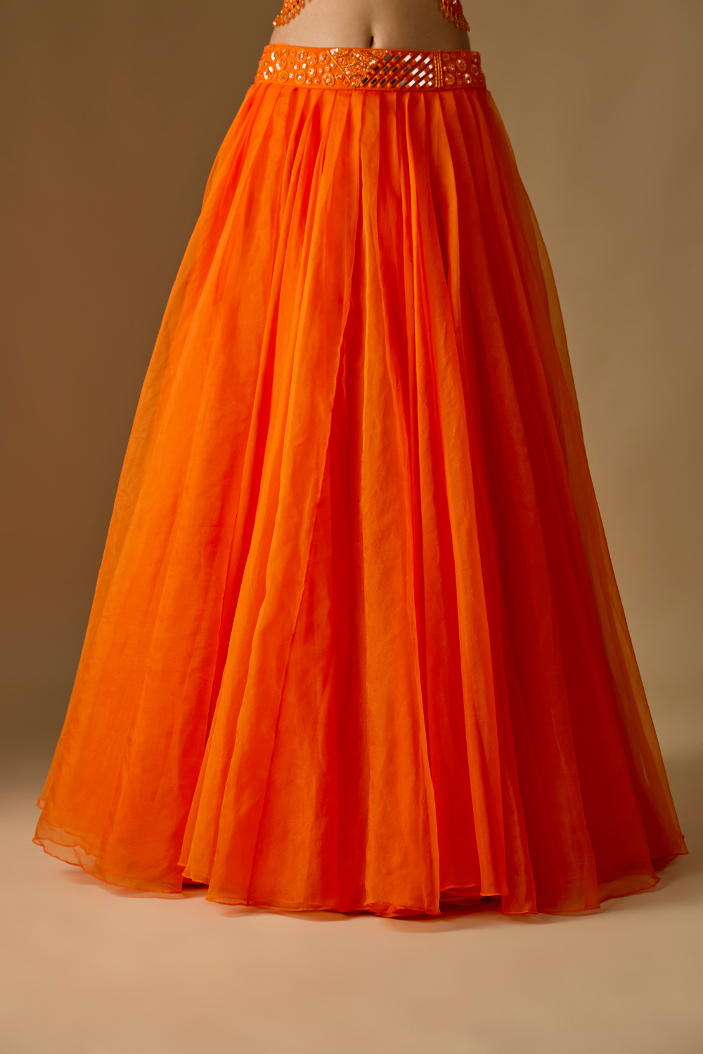 Salora- Orange Long Jacket with Corset Blouse and Organza Lehenga