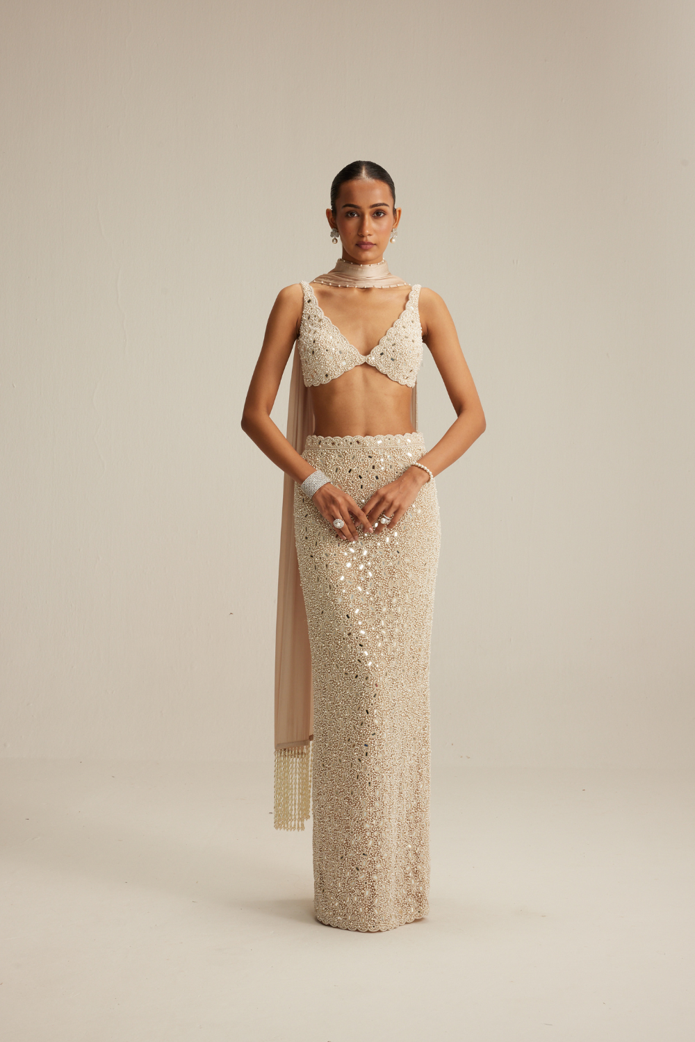 Light Beige Dense Pearl and Mirror Pencil Skirt with V Neck Blouse