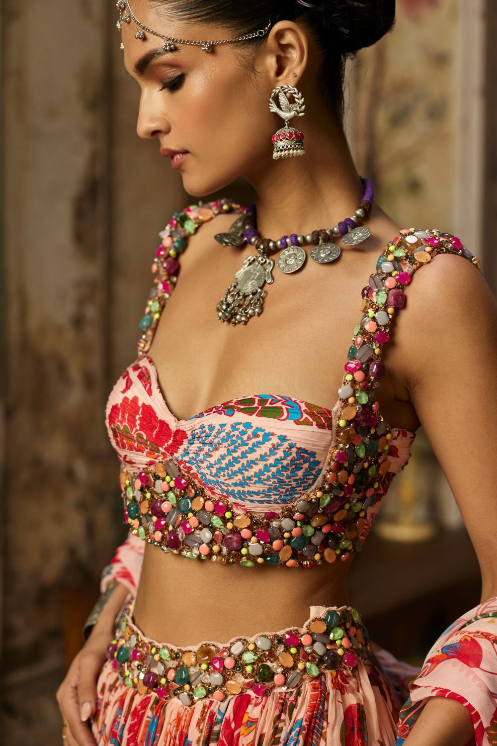 BLUSH PINK STONE EMBROIDERED BLOUSE WITH PRINTED LEHENGA SET