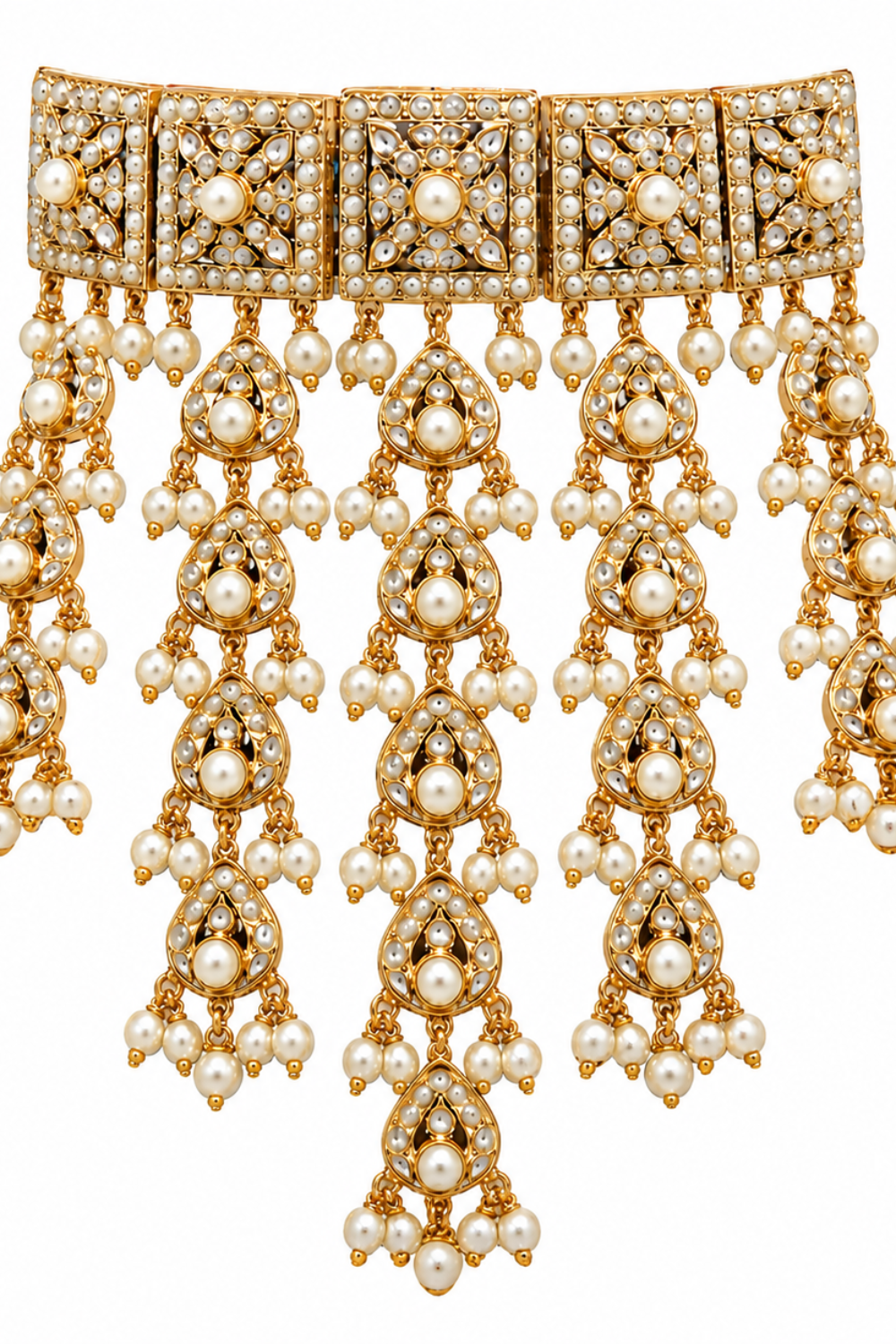 Gold Plated Handcrafted Jadau Necklace Set with Pearl Tassels