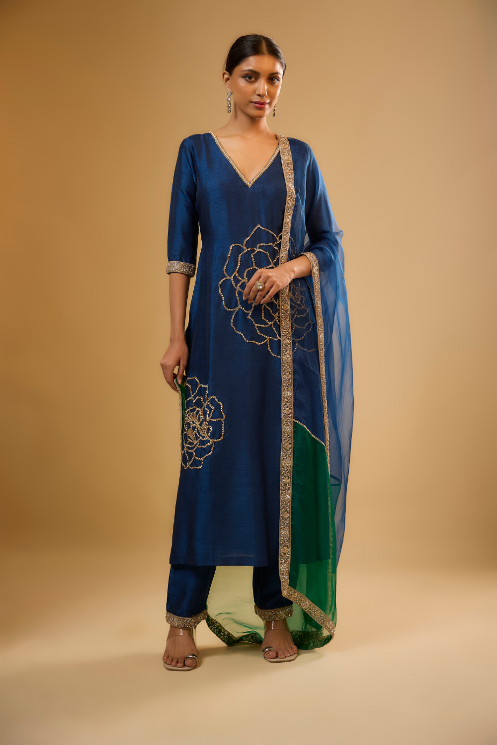 Egyptian blue semi dupion kurta pants set with floral gold embroidery