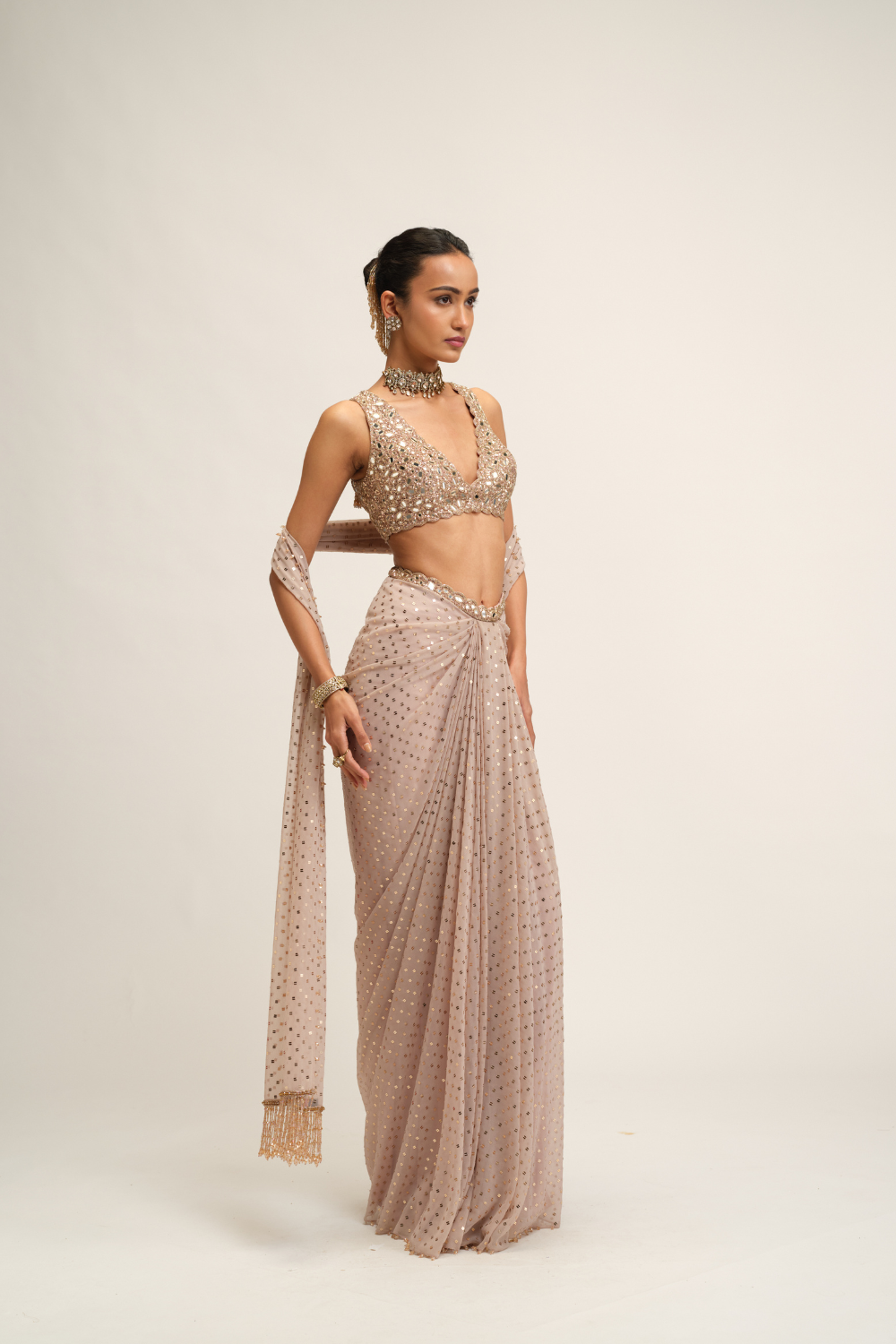 Ash Pink Draped Skirt with V-Neck Blouse Set