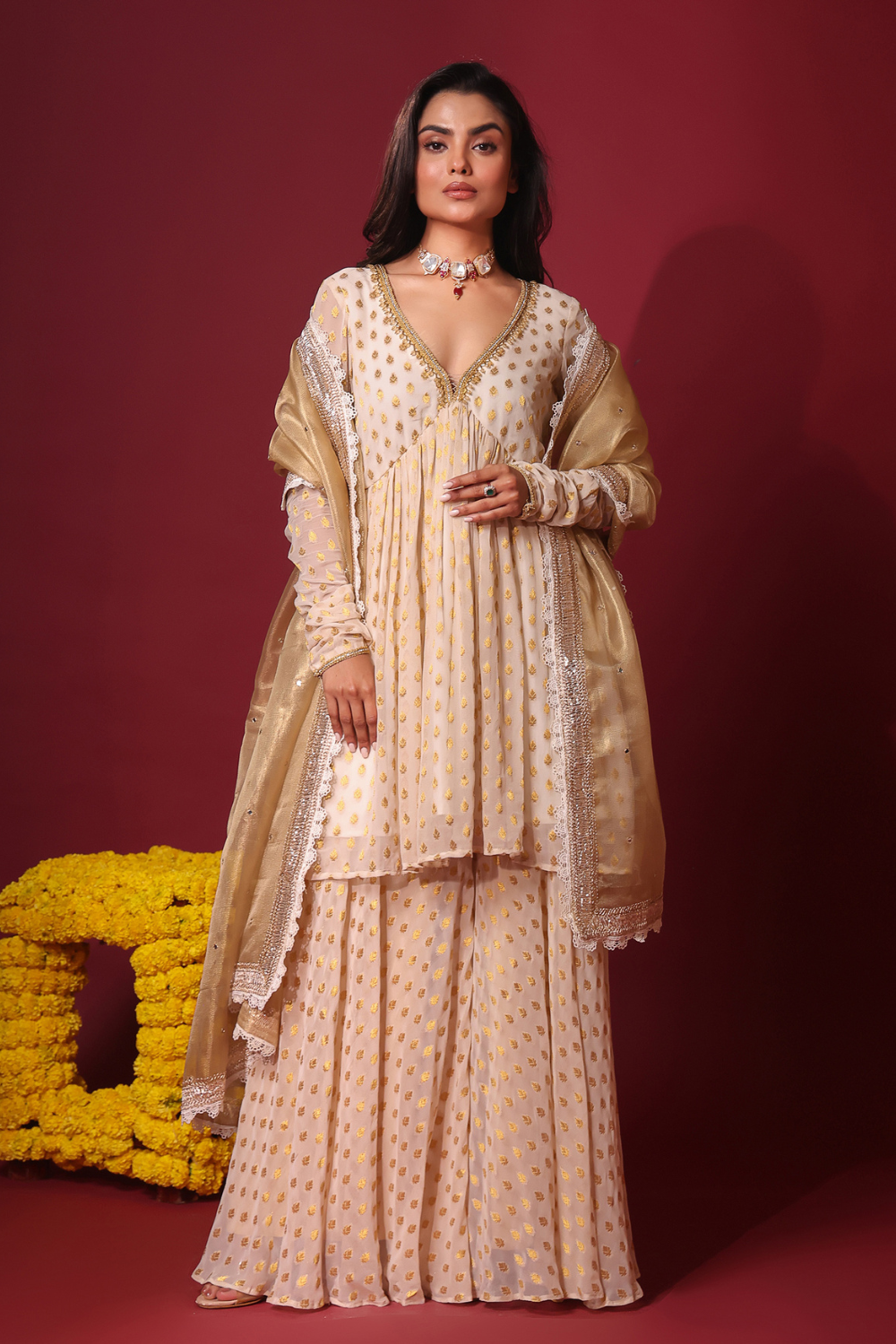 Ivory Georgette Peplum Set