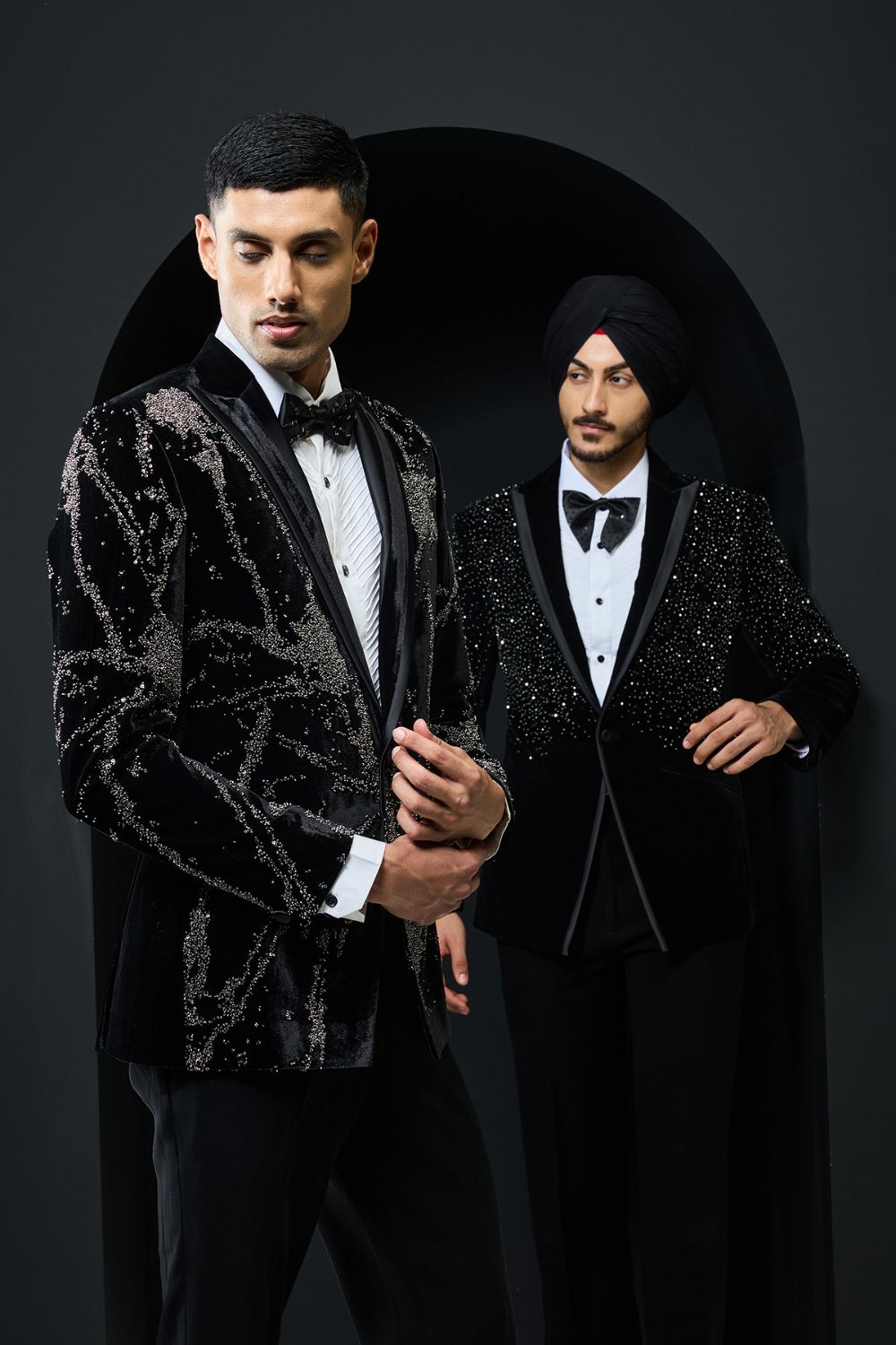 Black tuxedo highlighted with sequins, pearls and cutdana