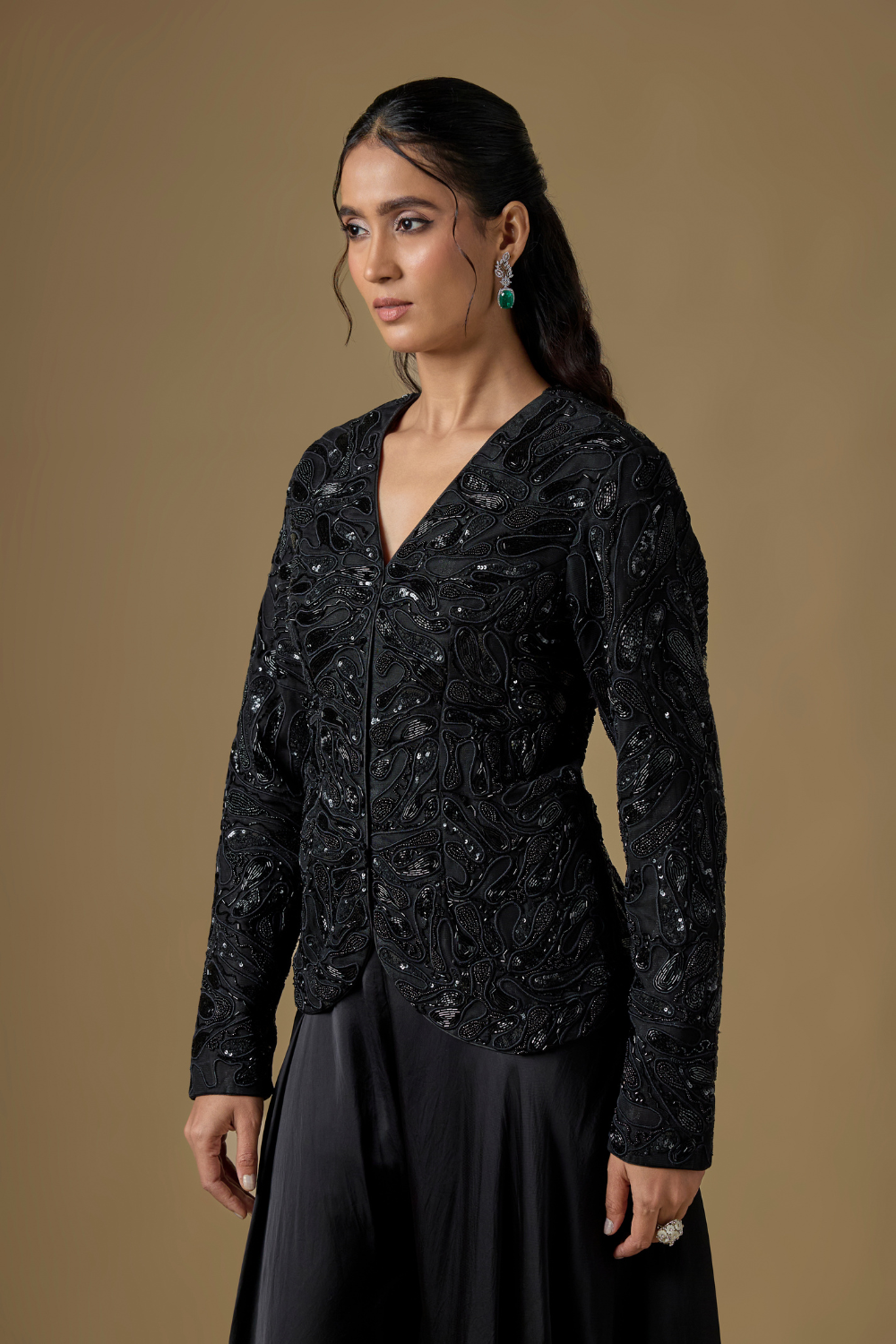Rillette -Black hand embroidered short jacket paired with satin organza Sharara