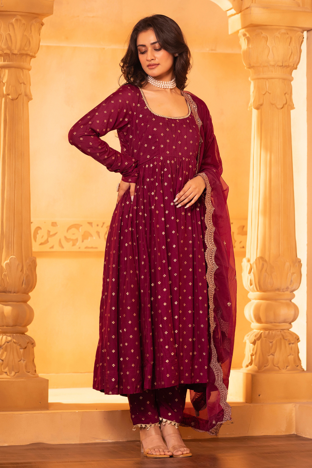 Wine Anarkali Set