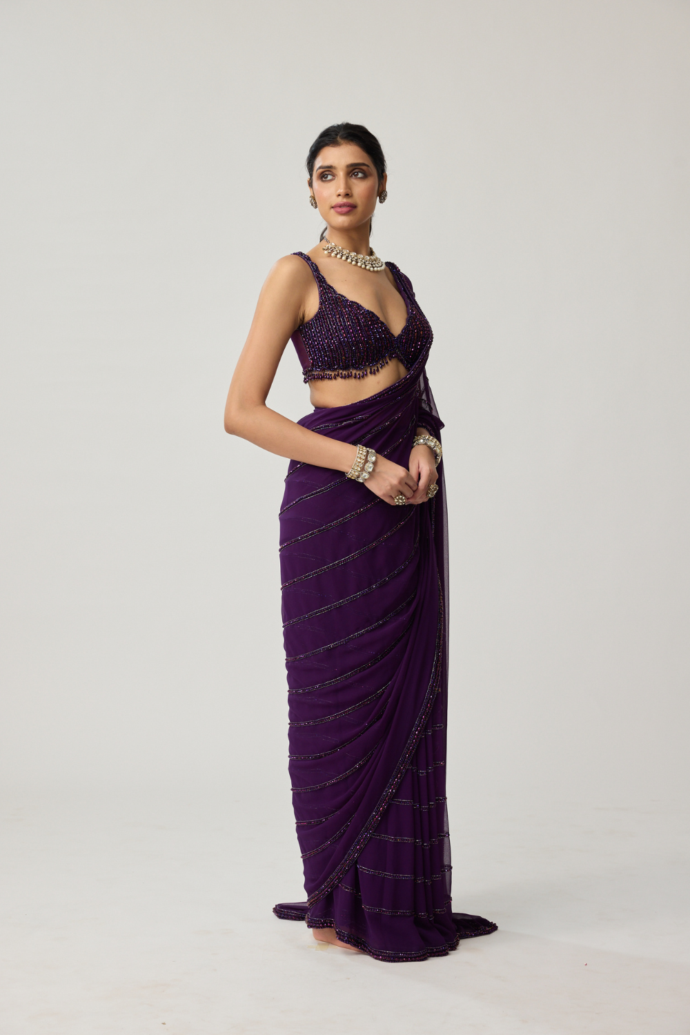 Royalty purple Crystal saree set