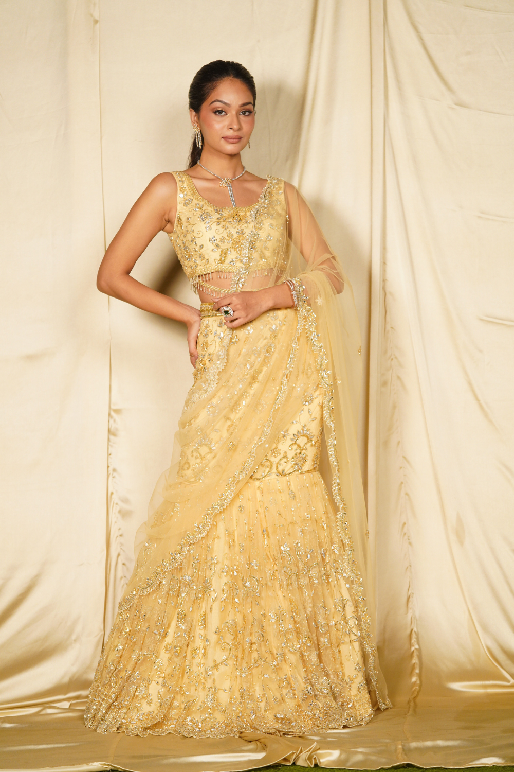 Gold embroidered fishcut saree set
