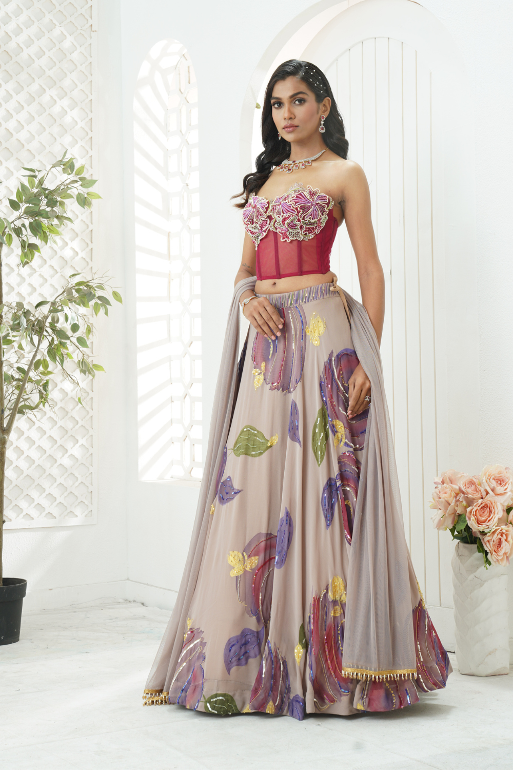 Mauve hand painted lehenga and floral corset set