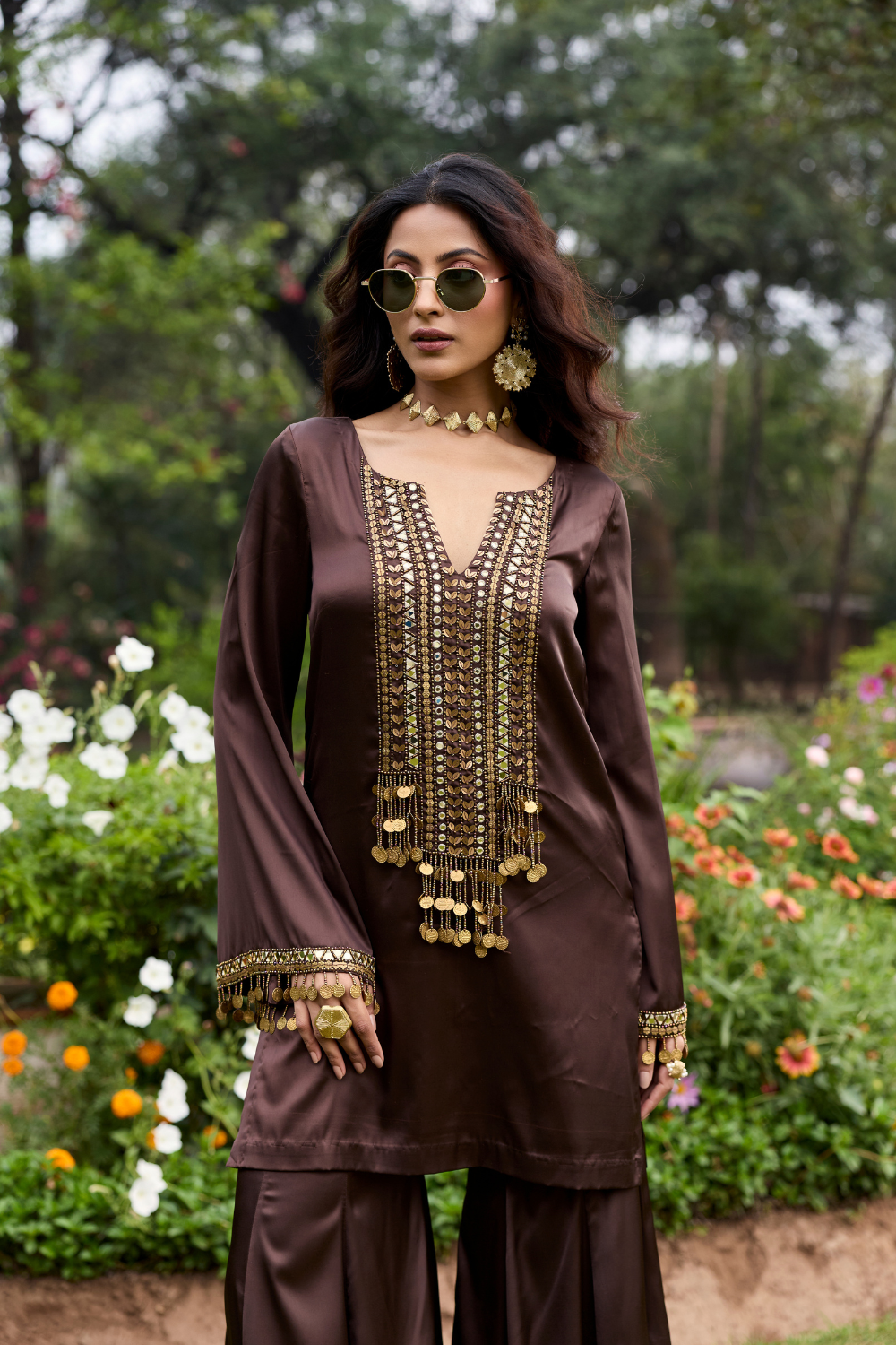 MOCHA BROWN EMBROIDERED SATIN KURTI SET