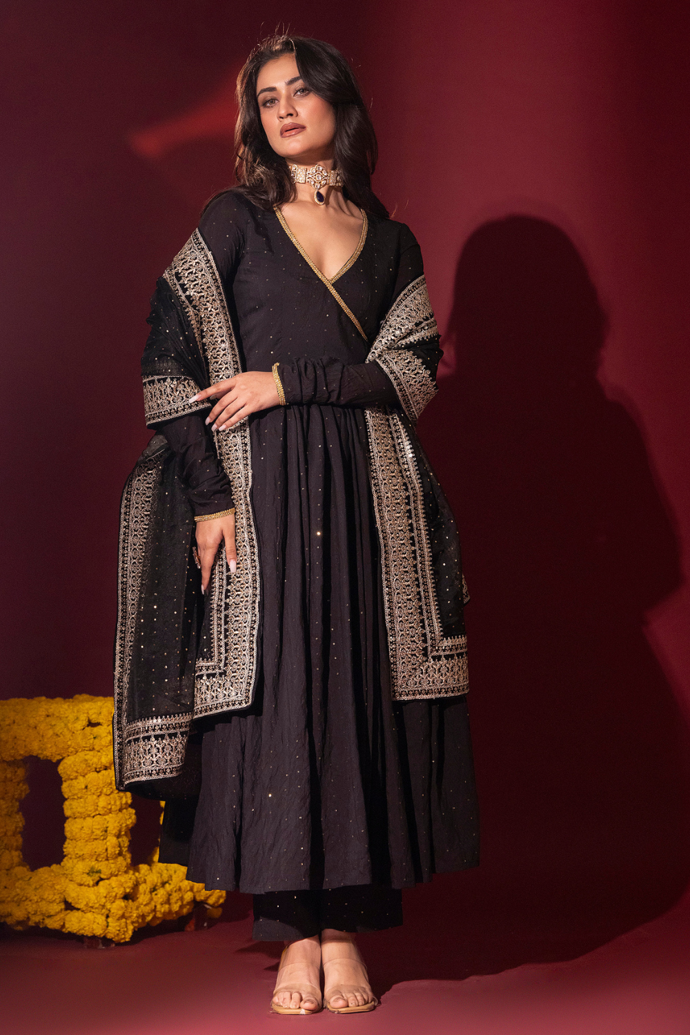 Black Chanderi Anarkali Set