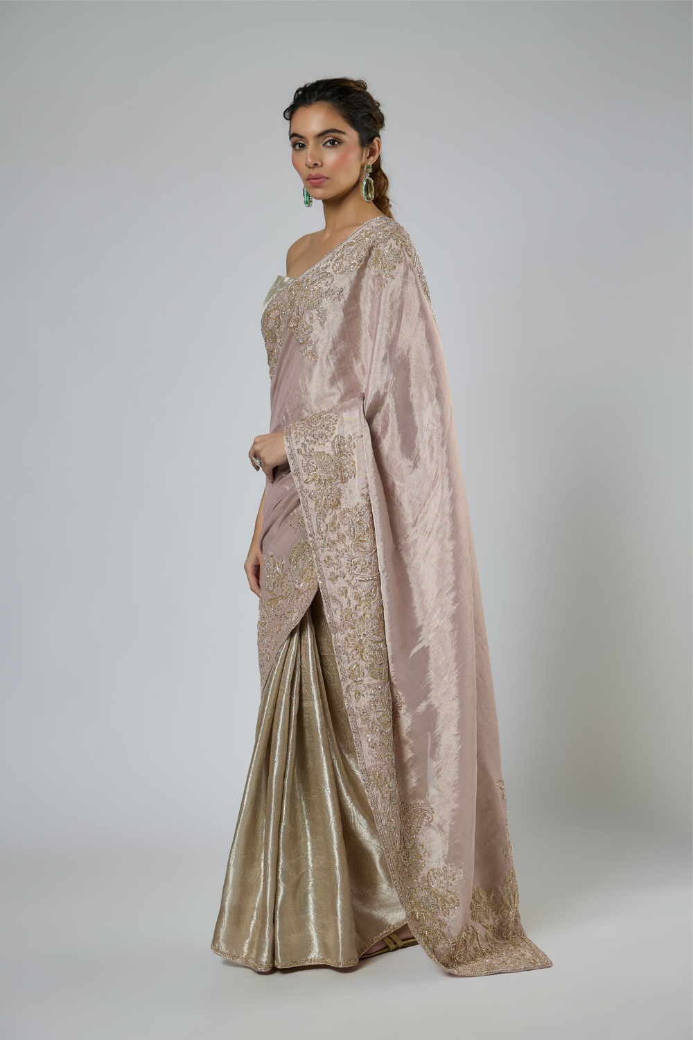 PINK AND SILVER JACQUARD ZARDOZI EMBROIDERED SAREE WITH CORSET BLOUSE