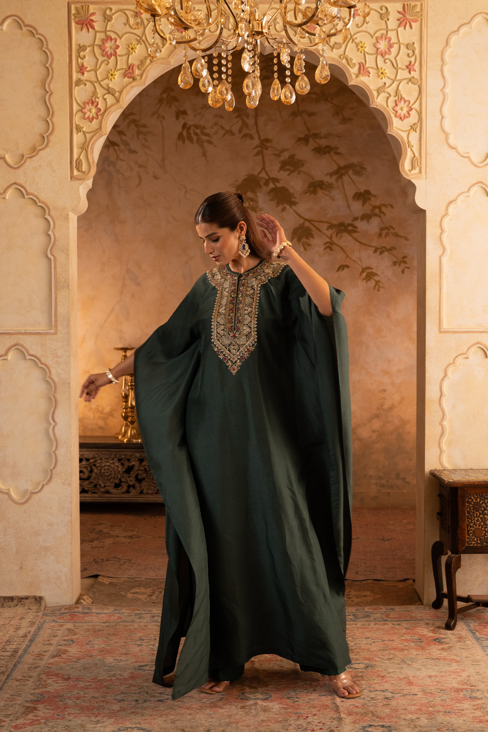 Bottle Green Silk Kaftan Dress