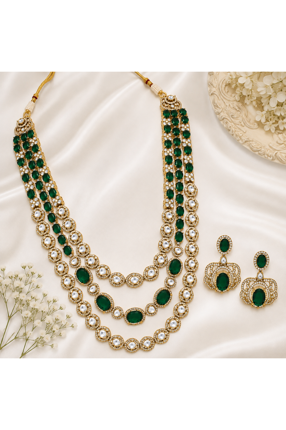 Emerald Green Moissanite Three-Layered Necklace Set