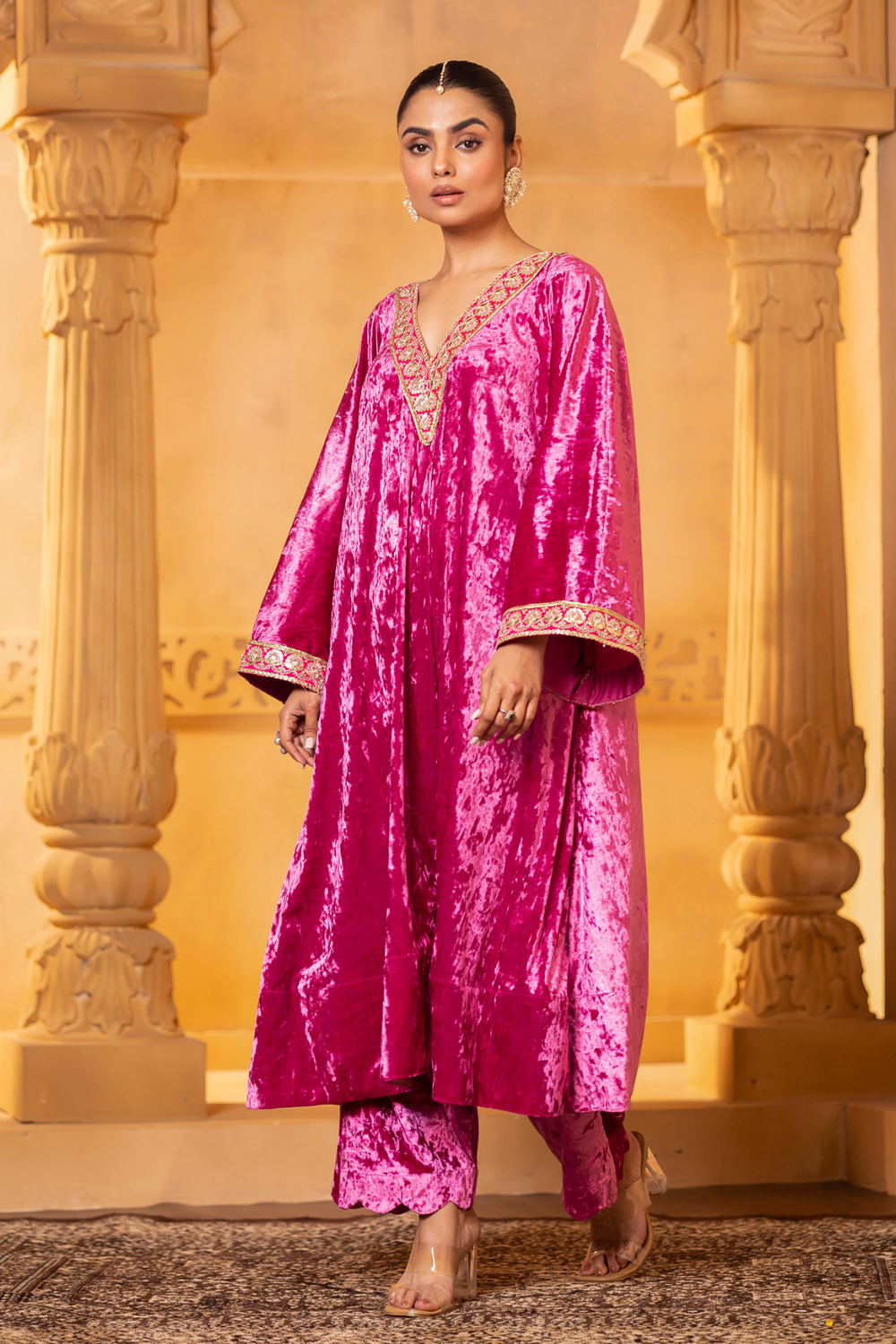 Pink Velvet Kaftan Set