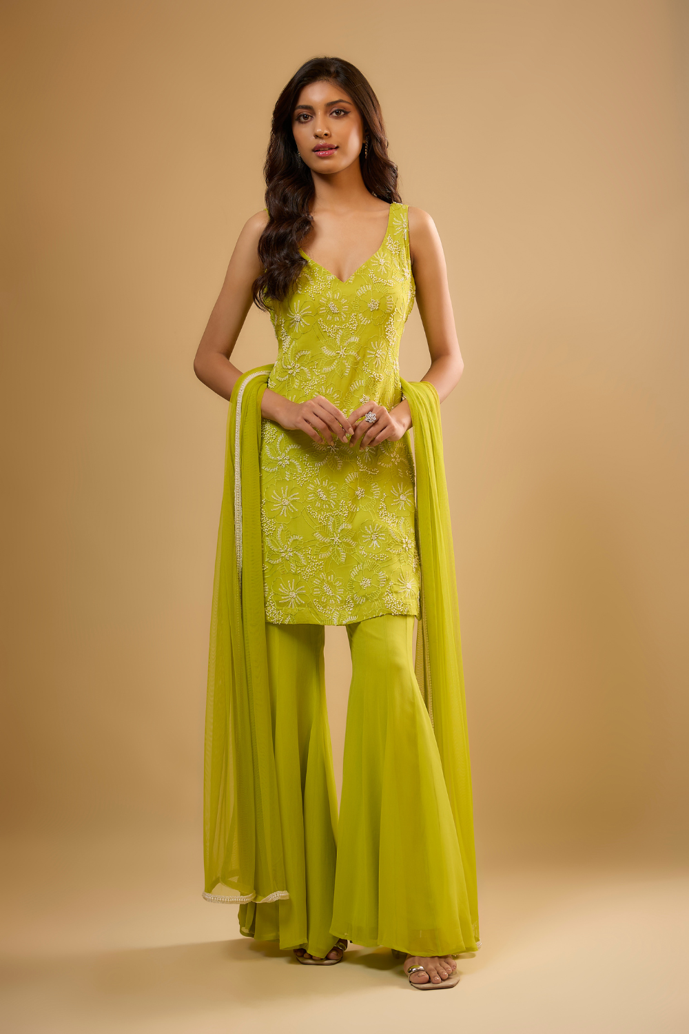 Citrus green georgette kurta sharara set embroidered with sequins, glass beads & threadwork