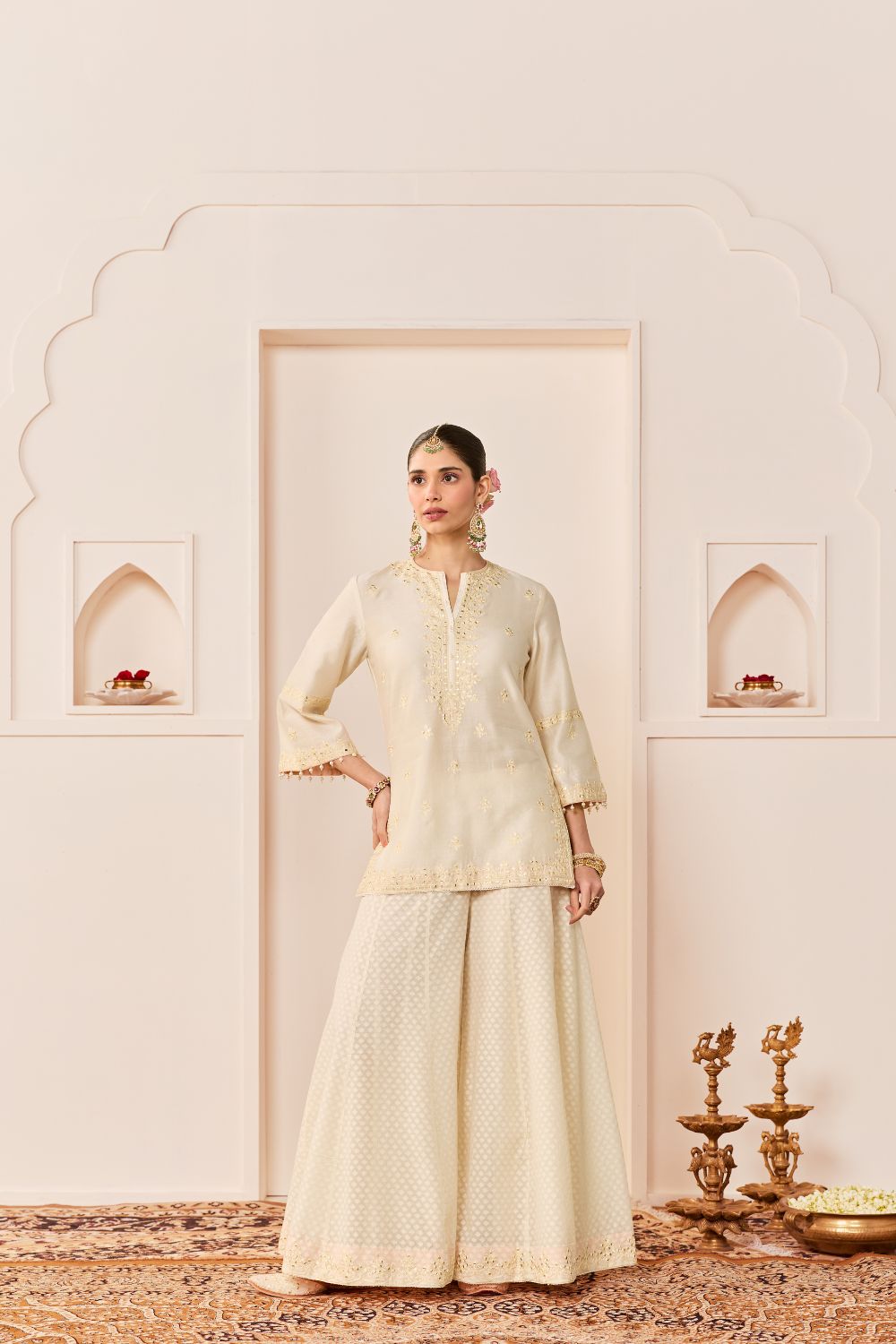 REHMA -DAISY IVORY SHORT KURTA WITH SHARARA AND DUPATTA