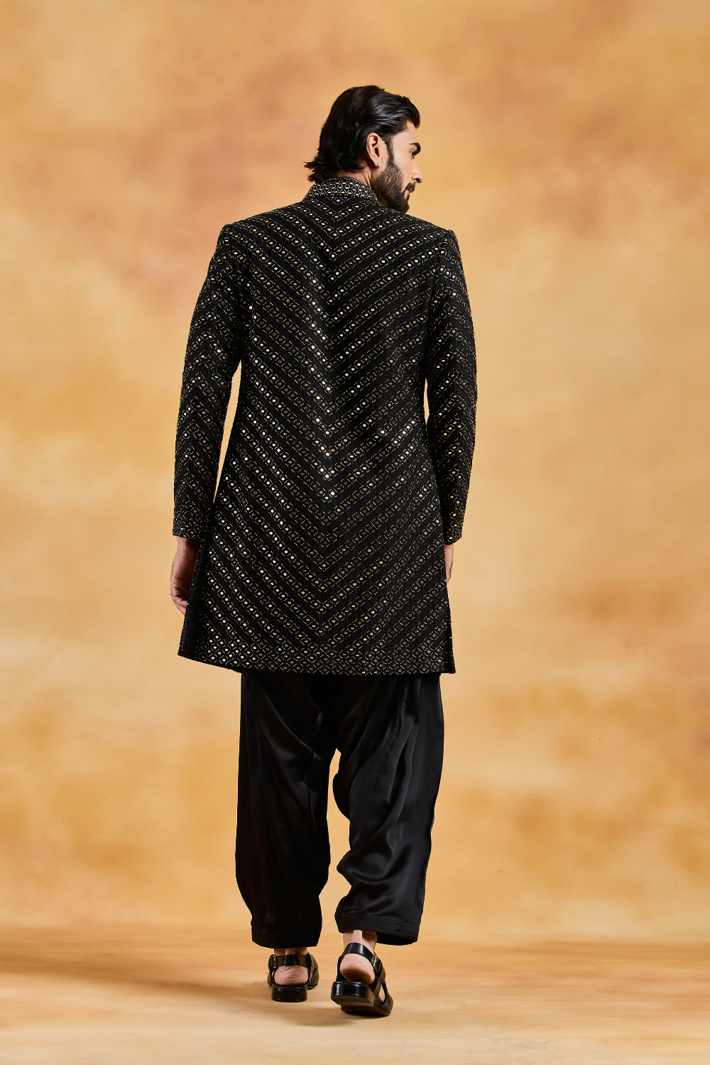 Black Open Sherwani with Kurta and Salwar