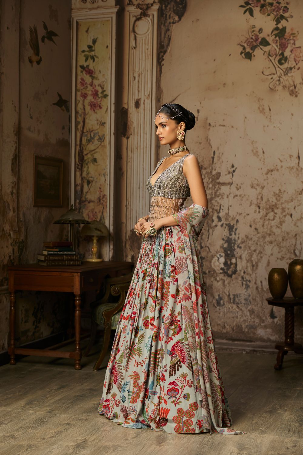 SLATE GREY EMBROIDERED BLOUSE AND PRINTED LEHENGA SET