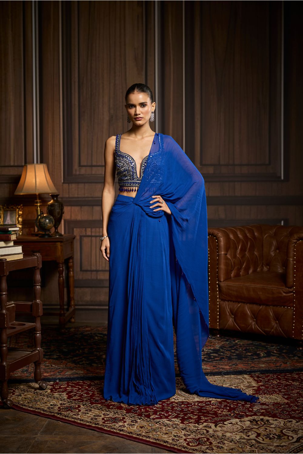ELECTRIC BLUE EMBELLISHED BLOUSE AND PRE-DRAPED SKIRT SAREE SET