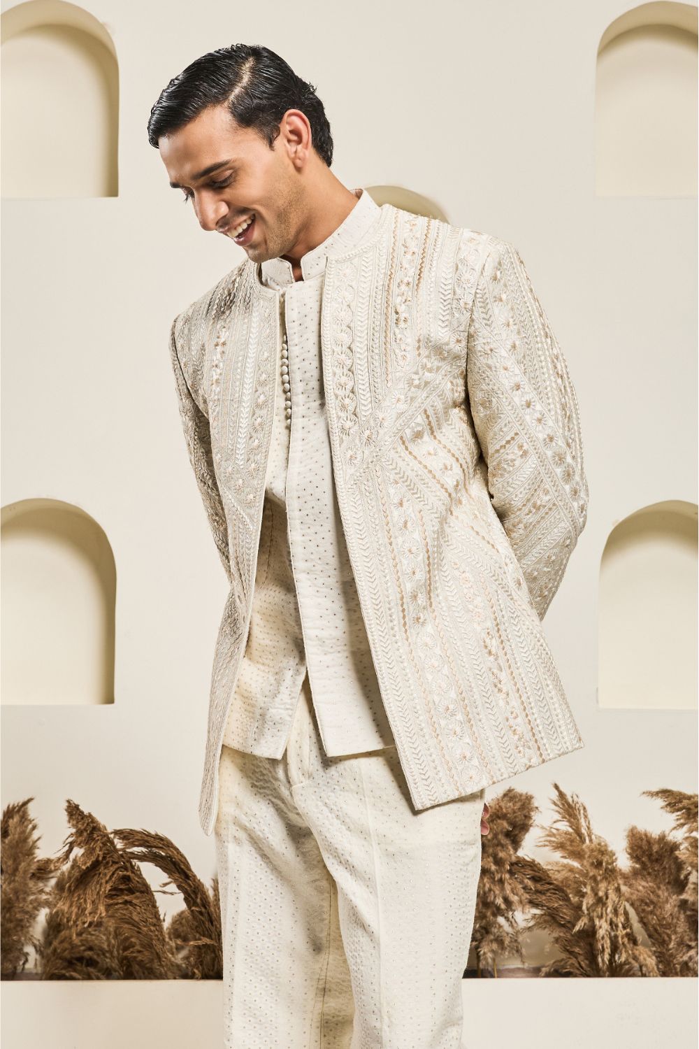 Ivory open bandhgala with Resham thread Work