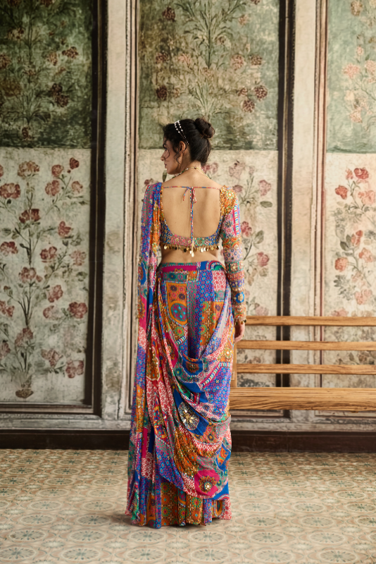 MULTI-COLOR  PRINT AND HIGHLIGHTED PLUNGE NECKLINE BLOUSE WITH SHARARA SAREE SET