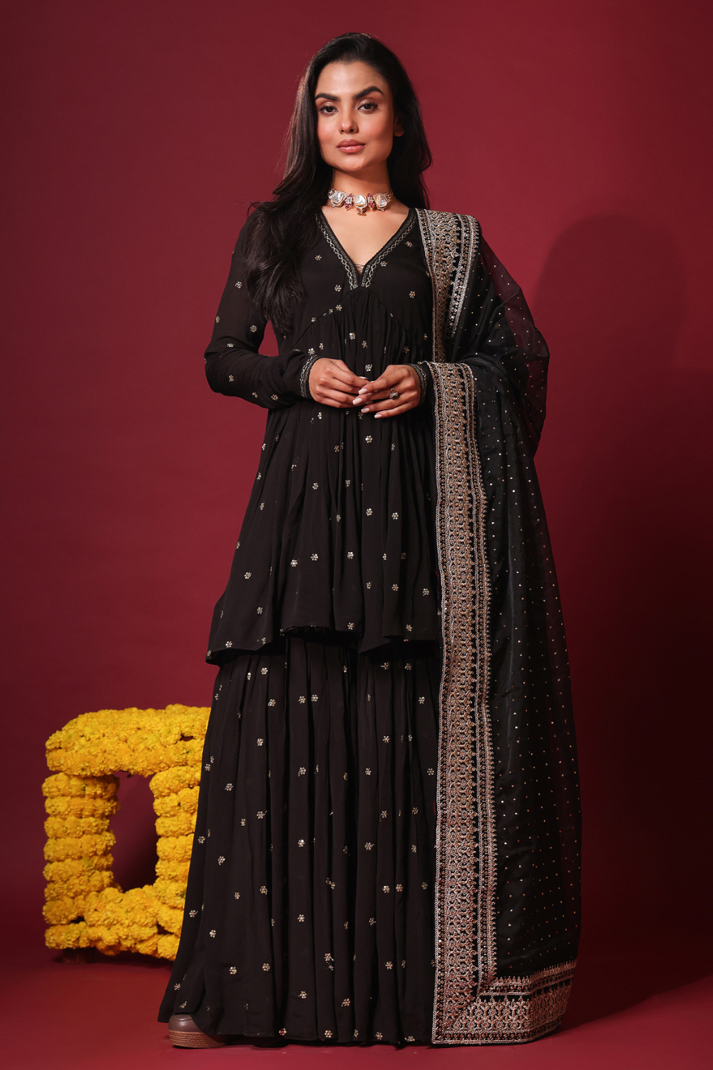 Black Peplum and Gharara Set