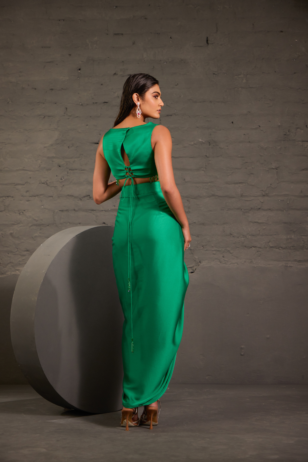 Emarald Green Drape Skirt And Waistcoat Set
