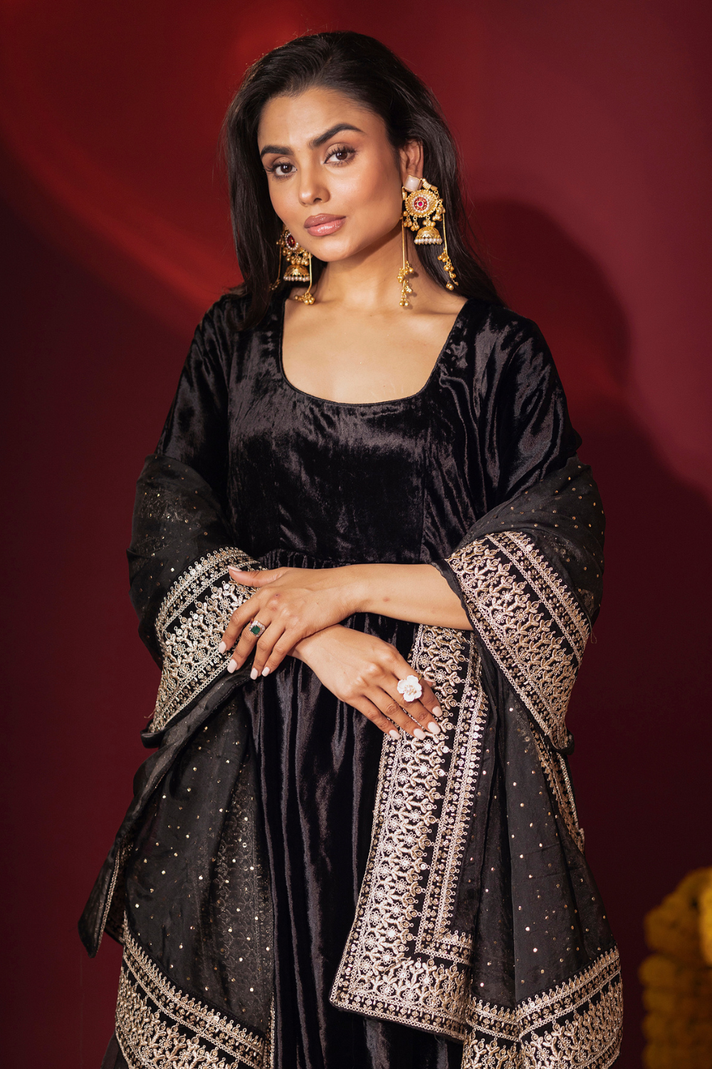 Black Silk Velvet Anarkali and Pants with  Organza Dupatta