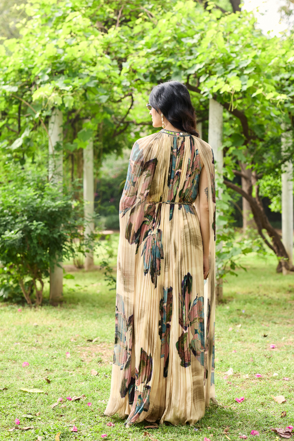 BEIGE FLORAL ROUCHED MAXI DRESS