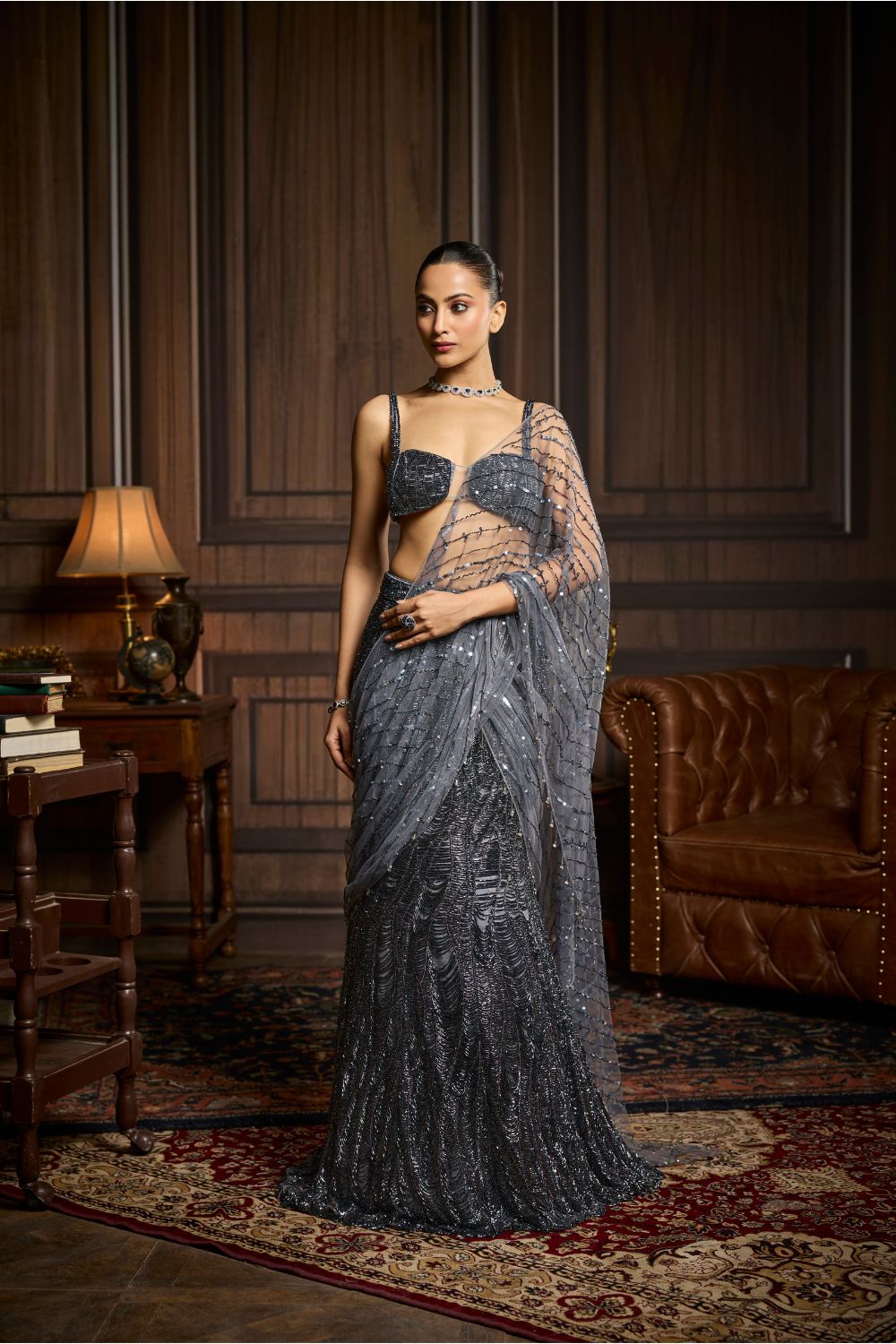 GUNMETAL EMBELLISHED PRE-DRAPED SKIRT SAREE SET