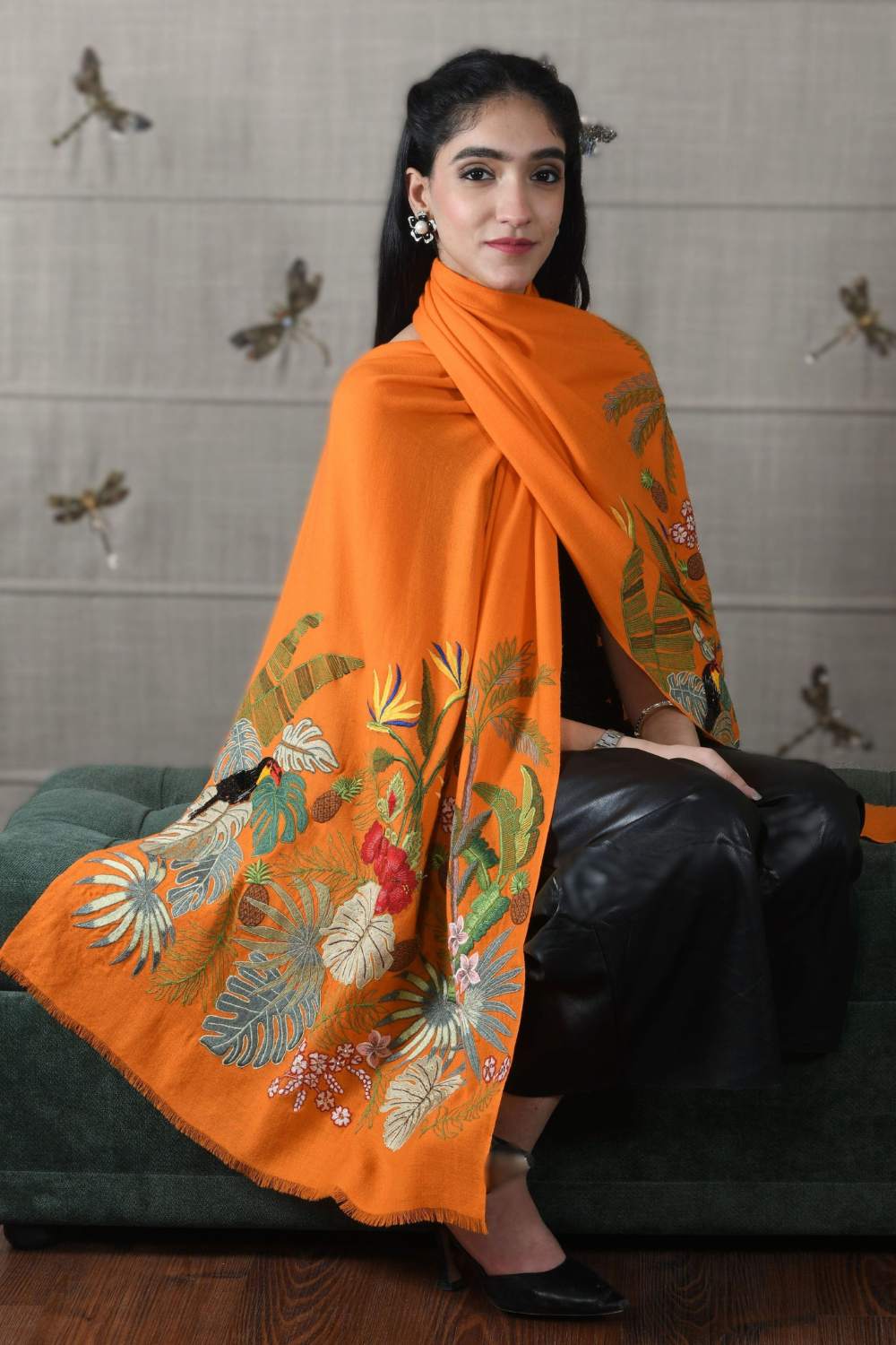 A Toucan's Day | Embroidered Fine Merino Wool Stole – Orange Peel