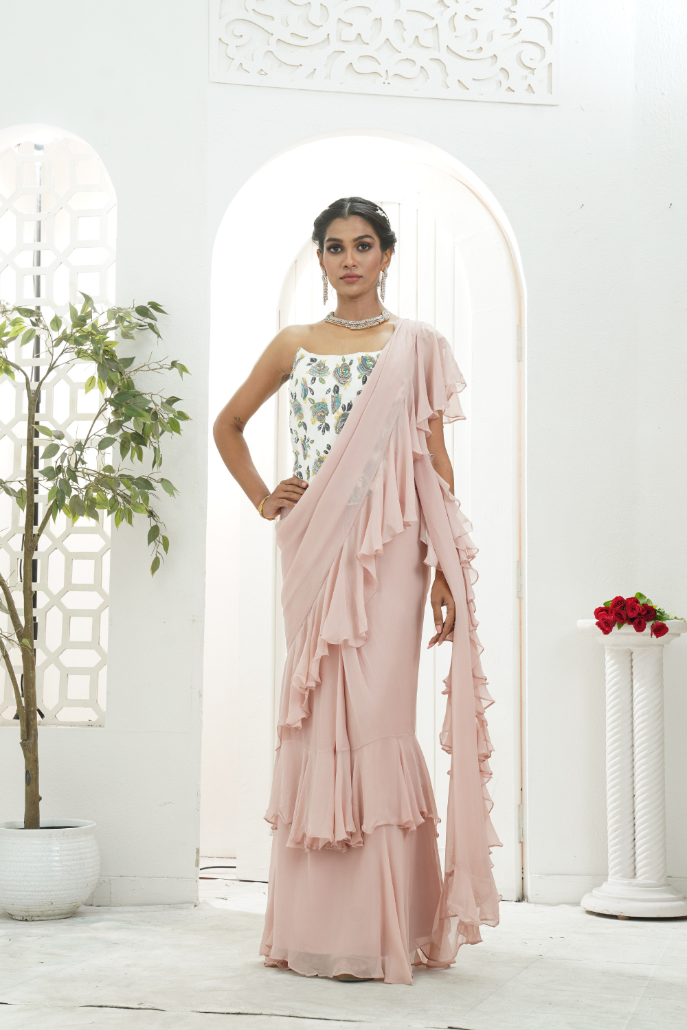 Mauve ruffle saree and hand painted corset set