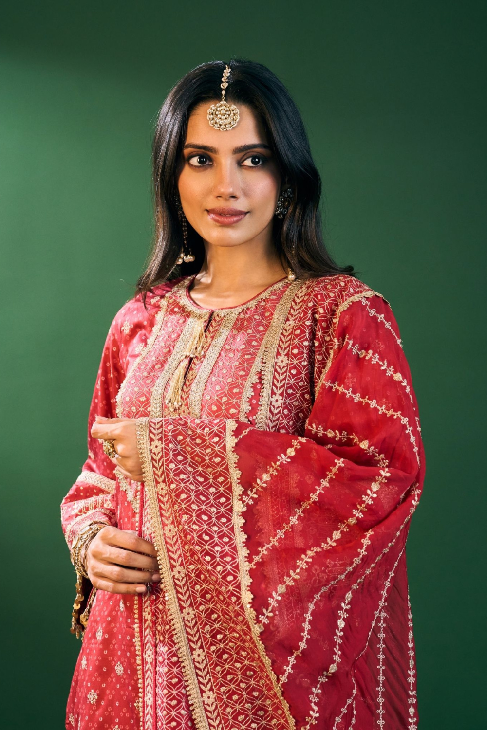 Lari Pima Satin Printed Red Kurta Set