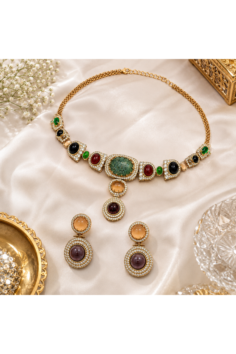 Multicolour Semi-Precious Stone Moissanite Necklace Set