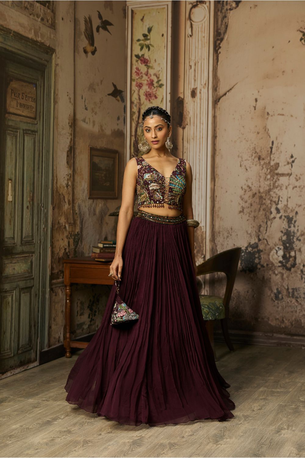 PLUM PRINT AND HIGHIGHTED BLOUSE WITH SKIRT SET