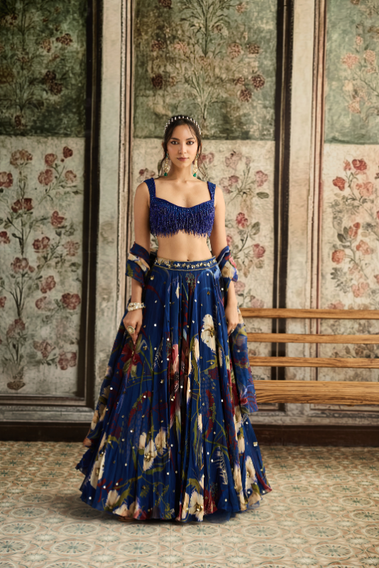BLUE FLORAL PRINT AND HIGHLIGHTED LEHENGA SET