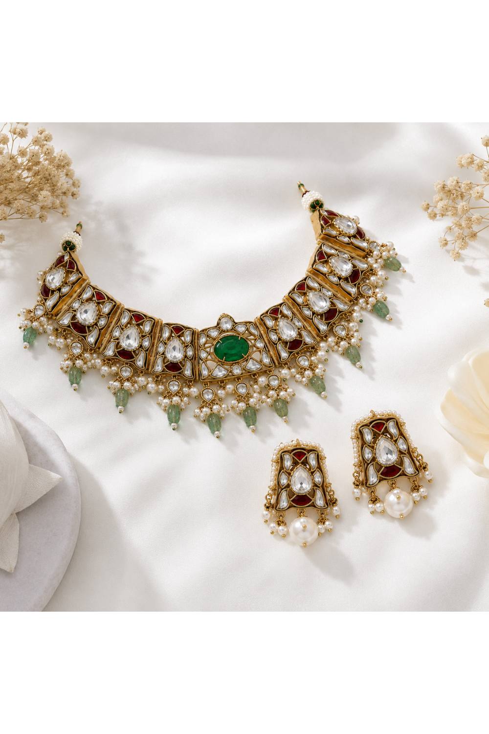 Sage Green Semi-Precious Stone Kundan Choker Set with Ruby Accents & Pearl Drops