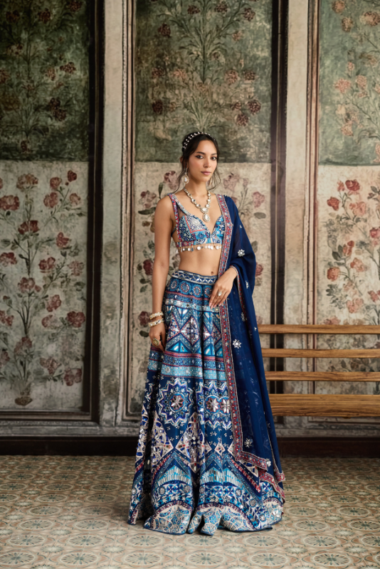 TEAL PRINT AND AND HIGHLIGHTED LEHENGA SET