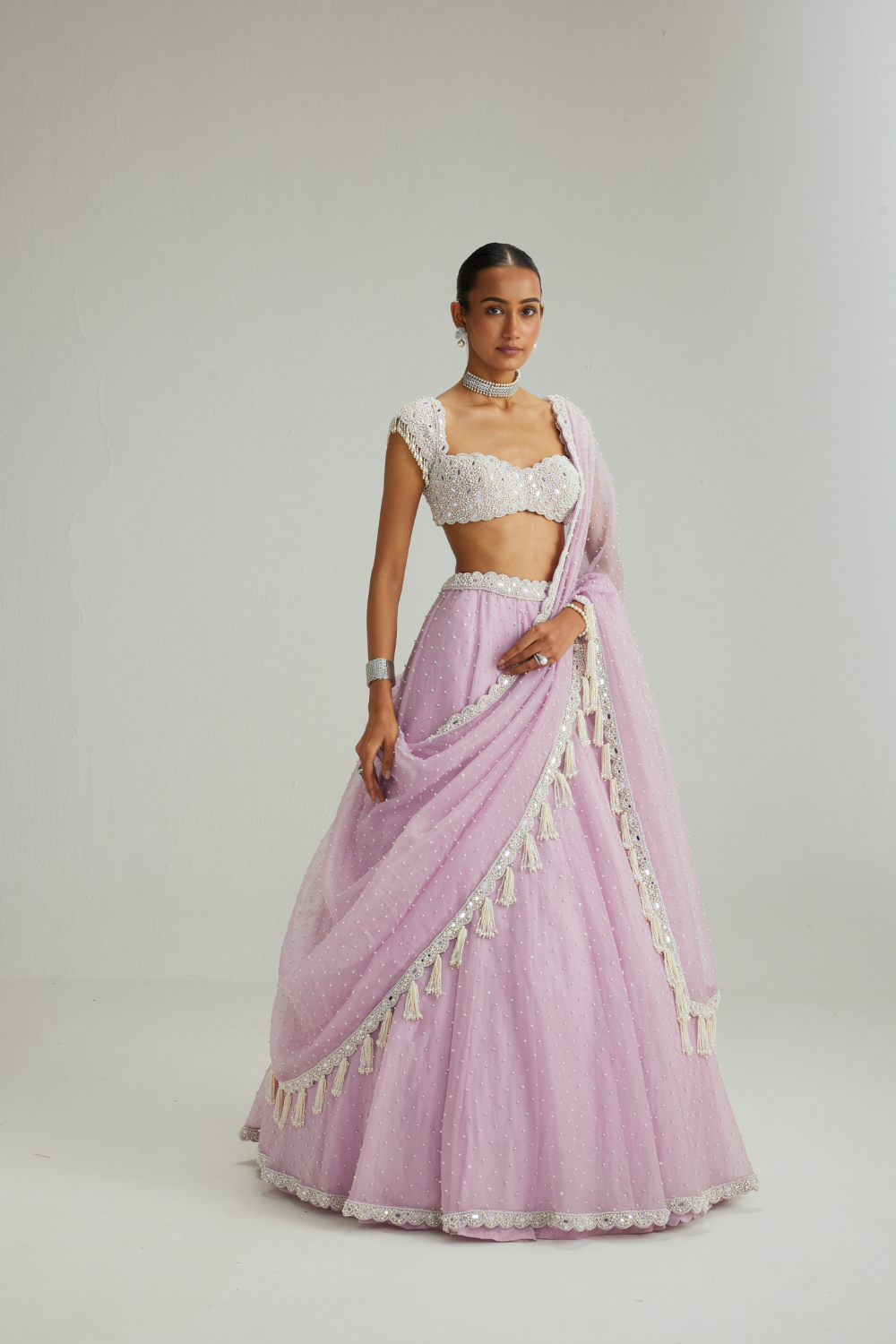 Lavender mirror and pearl lehenga set
