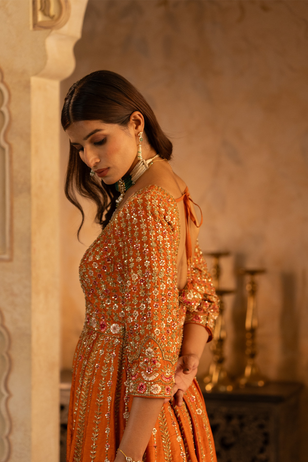 Rust Raw Silk Anarkali Set