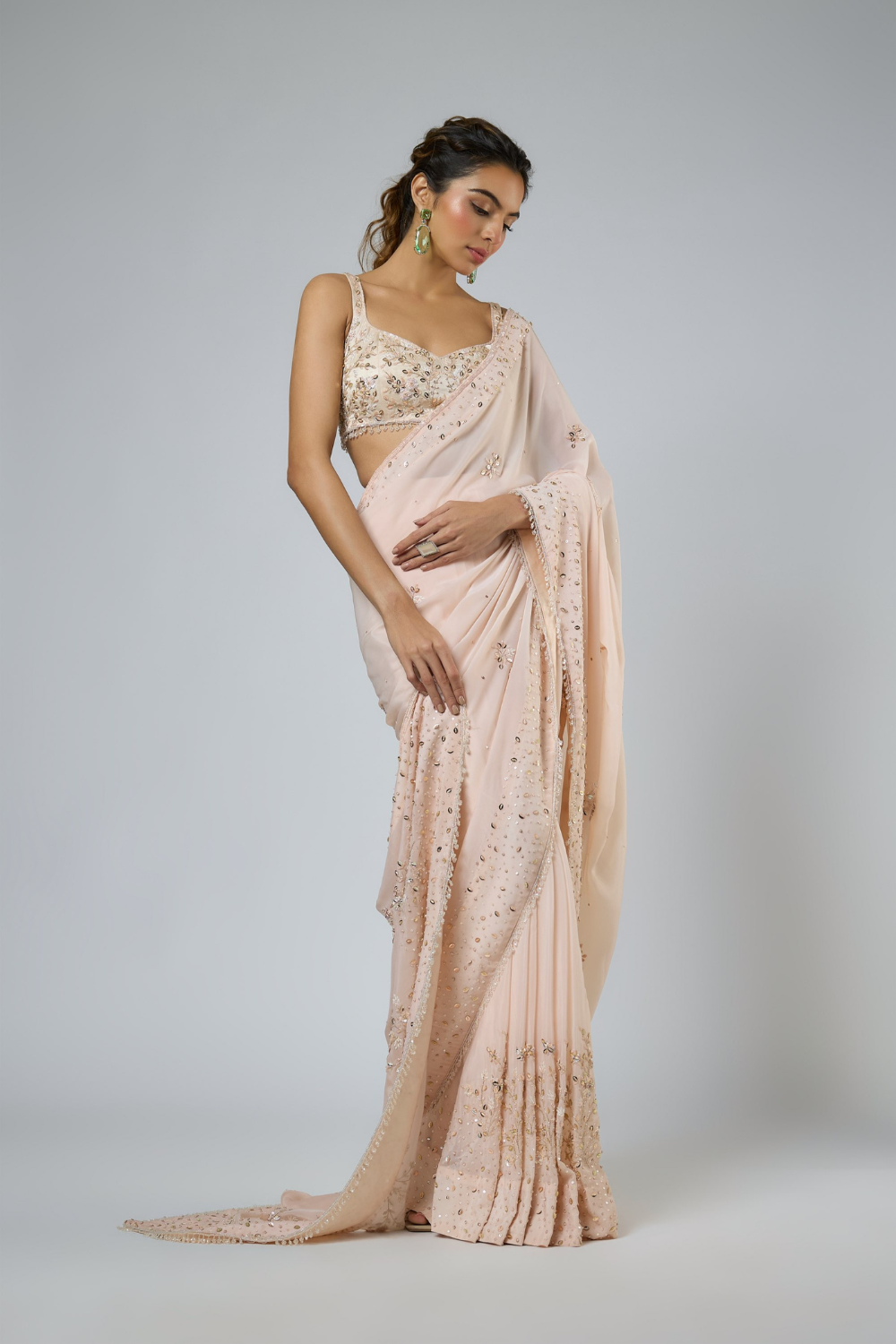 Light Peach Heavy Intricate Floral Embroidered Saree Set